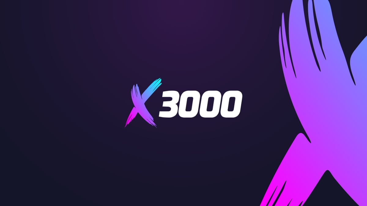 X3000-logotypen i en futuristisk design med neonfärgade detaljer mot en mörk bakgrund.